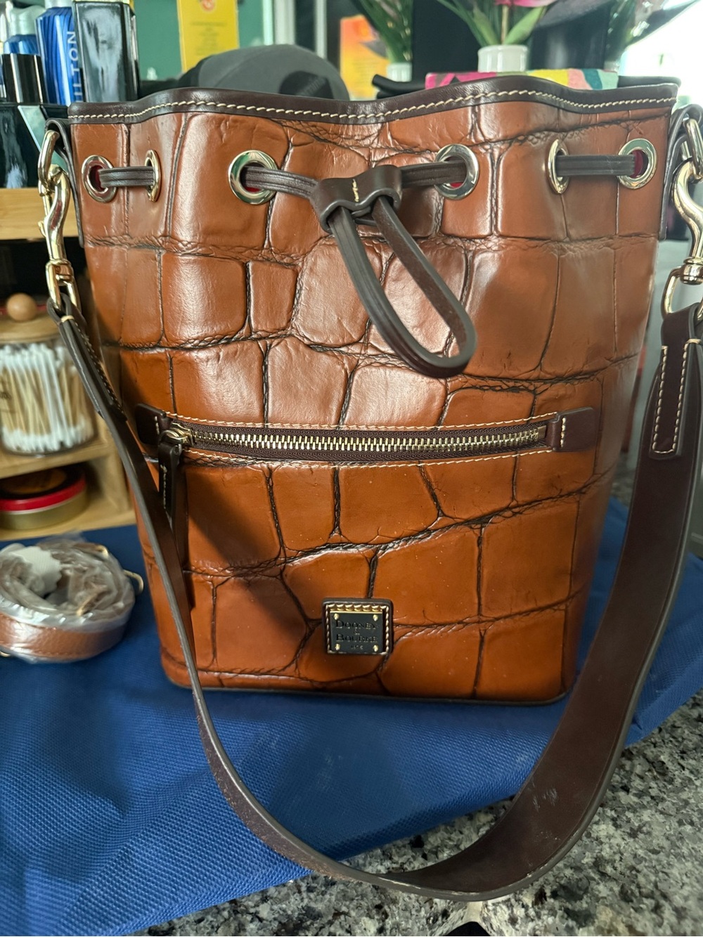 Dooney & Bourke Brown Croc-Embossed Leather Bucket Shoulder Bag